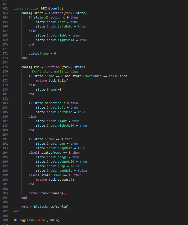 A code snippet, showing the actual code implementation of one of the behaviour tree's end states.